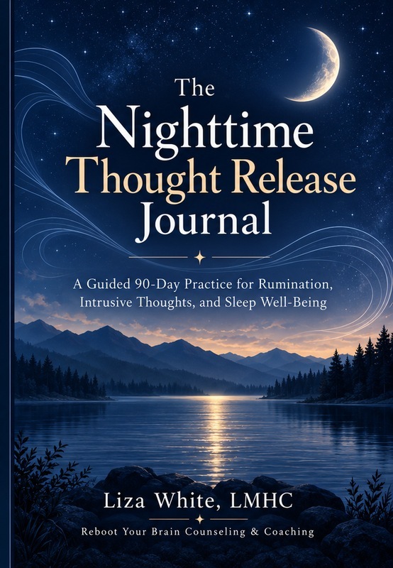The Nighttime Thought Release Journal front cover: a moonlit lake and mountain scene