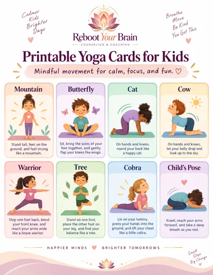 Illustrated Reboot Your Brain yoga pose poster for children